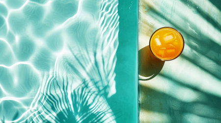 Aesthetic top view on edge of swimming pool with glass of orange juice, summer vibes, vacation concept. Generative AI.の素材