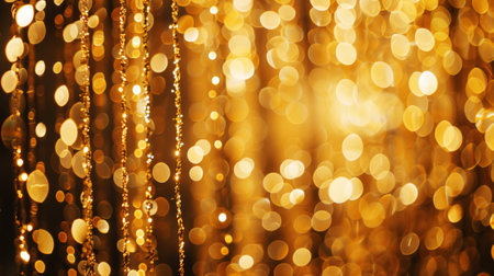 Golden sparkling tinsel curtain, aesthetic party background. Generative AI.の素材
