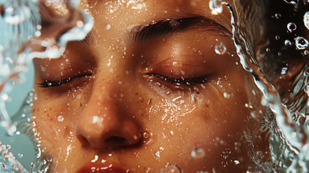 Aesthetic young woman face with closed eyes and splashing water, moisturizing concept, beauty advertising. Generative AI.の素材