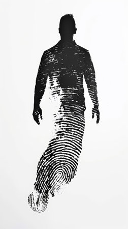 Silhouette of man with fingerprint pattern on light background. Mystery investigation concept. Generative AI.の素材