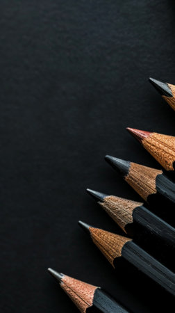 Aesthetic black background with pencils. Copy space. Education projects template. Generative AI.の素材