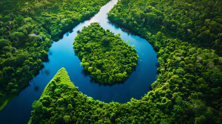 Aerial view of river in a green forest or jungles. Wild nature environment concept. Generative AIの素材