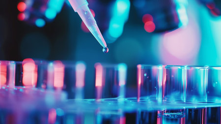 Close-up of medical pipette dropping liquid into chemical test tubes, aesthetic medical research concept. Generative AI.の素材