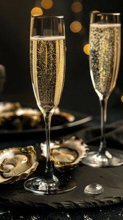 Luxury evening concept, tall glasses of sparkling beverage, oysters on black table. Romantic dinner. Generative AI.の素材