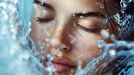 Aesthetic young woman face with closed eyes and splashing water, moisturizing concept, beauty advertising. Generative AI.の素材