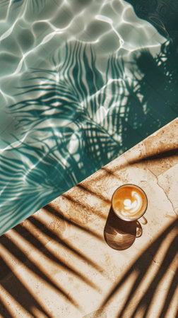 Aesthetic top view on edge of swimming pool with glass of coffe, summer vibes, vacation concept. Generative AI.の素材