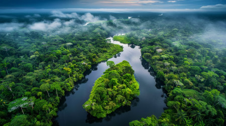 Aerial view of river in a green forest or jungles. Wild nature environment concept. Generative AI.の素材