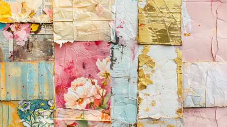 Fashionable background with a collage of torn paper from magazines, variety of patterns. Pastel colours. Generative AI.の素材