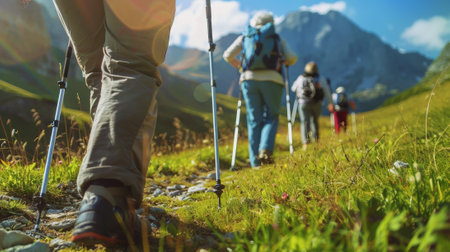 Close-up of a Nordic walking stick, group of seniors doing hiking. ecological tourism. Generative AI.の素材