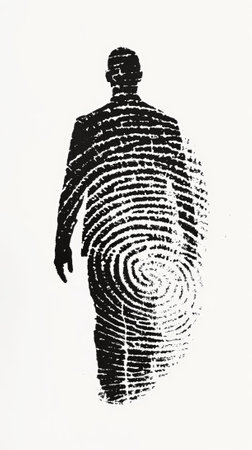Silhouette of man with fingerprint pattern on light background. Mystery investigation concept. Generative AI.の素材