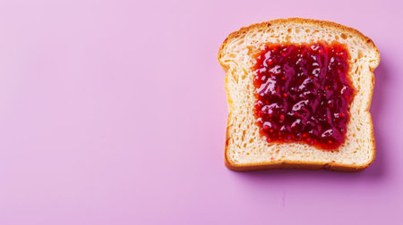 Delicious bread toast with jam, aesthetic pastel purple background. Copy space, top view. Generative AI.の素材