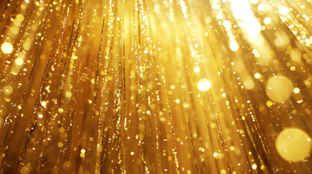 Golden sparkling tinsel curtain, aesthetic party background. Generative AI.の素材
