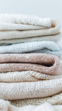 Fresh stack of light pastel colorful cotton and linen fabrics, freshness concept. Eco-laundry template. Generative AI.の素材
