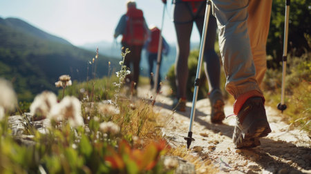Close-up of a Nordic walking stick, group of seniors doing hiking. ecological tourism. Generative AI.の素材