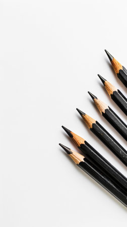 Aesthetic white background with black pencils. Copy space. Education projects template. Generative AI.の素材