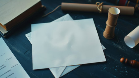 Aesthetic vintage interior with graduation hat and diploma. Invitation template. Generative AI.の素材