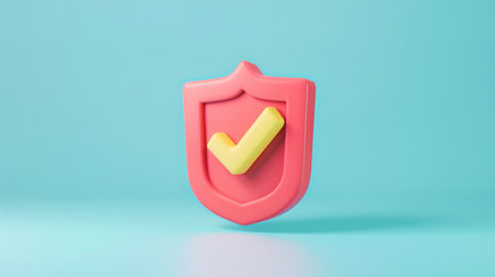 3D red shield with a yellow check mark, digital concept. Protection and safe. Pastel blue background. Generative AI.の素材