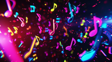 Mix of 3d musical notes with soft shapes, neon colors, black background, copy space, disco party concept. Generative AI.の素材
