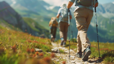 Close-up of a Nordic walking stick, group of seniors doing hiking. ecological tourism. Generative AI.の素材