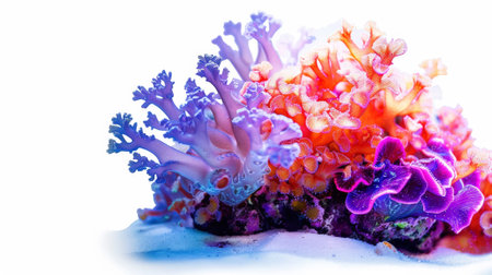 Aesthetic oceanic colorful fluorescent coral reef isolated on white background. Copy space. Aquarium hobby. Generative AI.の素材