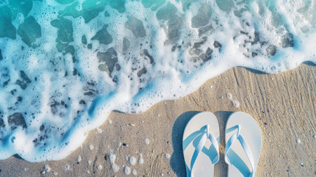 Top view of white pairs of flip flops on aesthetic sea coast background with white sand and blue ocean. Generative AI.の素材