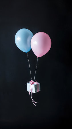Aesthetic pastel balloons float with gift box, party template, copy space. Black background. Generative AI.の素材