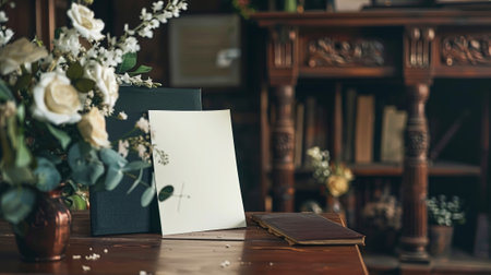 Aesthetic trendy invitation template with white letterhead. Vintage interior. Generative AI.の素材