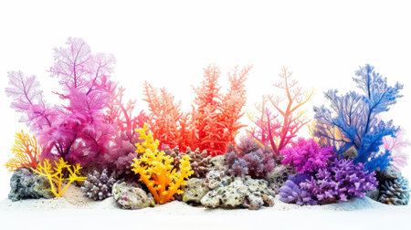 Aesthetic oceanic colorful fluorescent coral reef isolated on white background. Copy space. Aquarium hobby. Generative AI.の素材