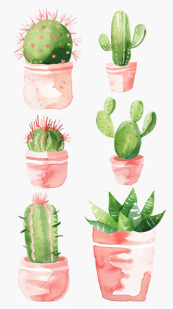 Watercolor set of trendy abstract cacti in beautiful pink pots in pastel colors, clean white background. Generative AI.の素材