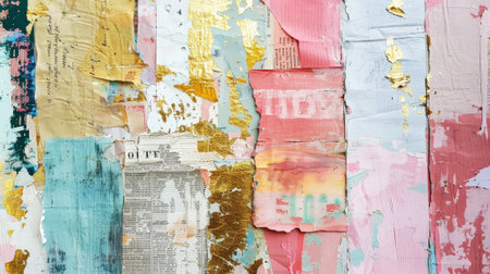 Fashionable background with a collage of torn paper from magazines, variety of patterns. Pastel colours. Generative AI.の素材