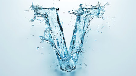 Capital letter V made of blue water splashes or ice on light background. Scrapbook activity. Generative AI.の素材