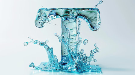 Capital letter T made of blue water splashes or ice on light background. Scrapbook activity. Generative AI.の素材