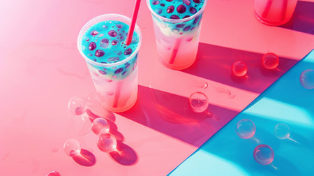 Aesthetic bubble tea, bright pink and blue colors. Beverage with tapioca bubbles. The trendy cafe. Summer vibes. Generative AI.の素材