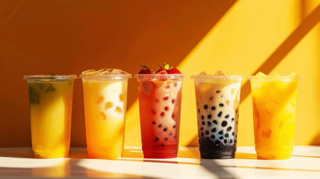 Aesthetic bubble tea on sunny hot day. Drink with tapioca bubbles. Fashionable cafe. Summer atmosphere. Generative AI.の素材
