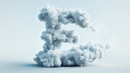 Capital letter E made of clouds or soft cotton. Fluffy airy style. Scrapbook activity. Generative AI.の素材