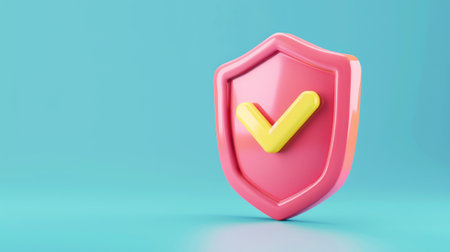 3D red shield with a yellow check mark, digital concept. Protection and safe. Pastel blue background. Generative AI.の素材