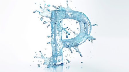 Capital letter P made of blue water splashes or ice on light background. Scrapbook activity. Generative AI.の素材