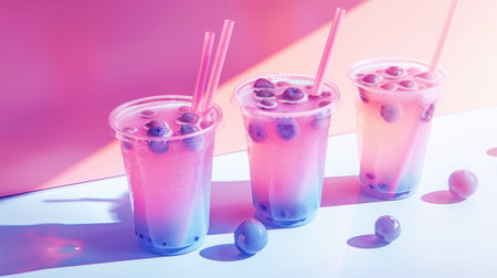 Aesthetic bubble tea, bright pink and blue colors. Beverage with tapioca bubbles. The trendy cafe. Summer vibes. Generative AI.の素材