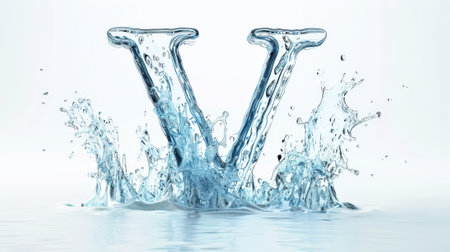 Capital letter V made of blue water splashes or ice on light background. Scrapbook activity. Generative AI.の素材