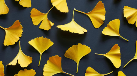 Flat lay of yellow ginkgo biloba leaves, copy space, black background, presentation template. Generative AI.の素材