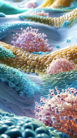 Abstract 3d model of human stomach and microbiome, aesthetic medical template background. Generative AI.の素材