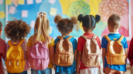 View from the back of cute kids with backpacks. Summer camp concept. Holiday activities. Generative AIの素材