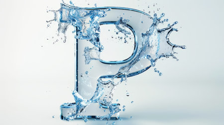 Capital letter P made of blue water splashes or ice on light background. Scrapbook activity. Generative AI.の素材