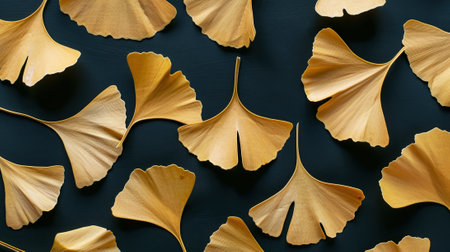 Flat lay of yellow ginkgo biloba leaves, copy space, black background, presentation template. Generative AI.の素材