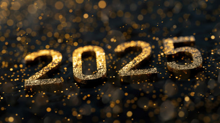 Trendy golden inscription 2025, black background, gold dust. New Year greeting card lettering. Generative AI.の素材