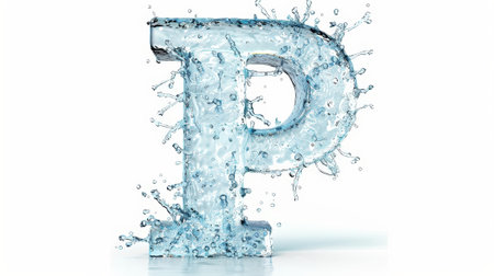 Capital letter P made of blue water splashes or ice on light background. Scrapbook activity. Generative AI.の素材