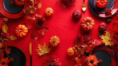 Top view of aesthetically designed table with pumpkins, autumn vibrant flowers, red color scheme. Generative AI.の素材