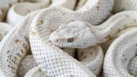Close-up of white snakes tangled together. Aesthetic template for the new year 2025. Light background. Generative AI.の素材