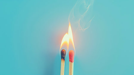 Two burning matches on pastel blue background, ideas, emotional burnout, teamwork. Generative AI.の素材
