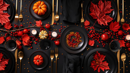 Top view of aesthetically designed table with pumpkins, autumn vibrant flowers, black color scheme. Generative AI.の素材